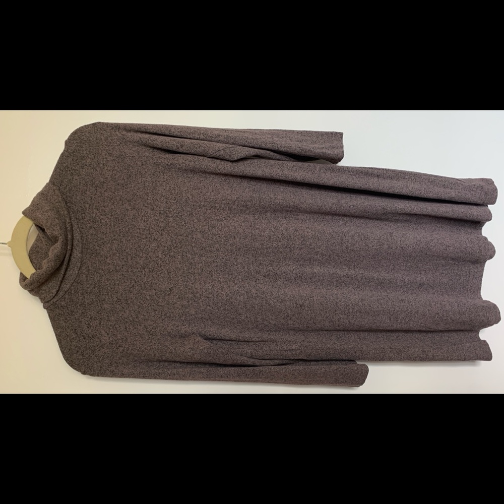 Brown turtle-cowl neck 3/4 sleeve sweater dress